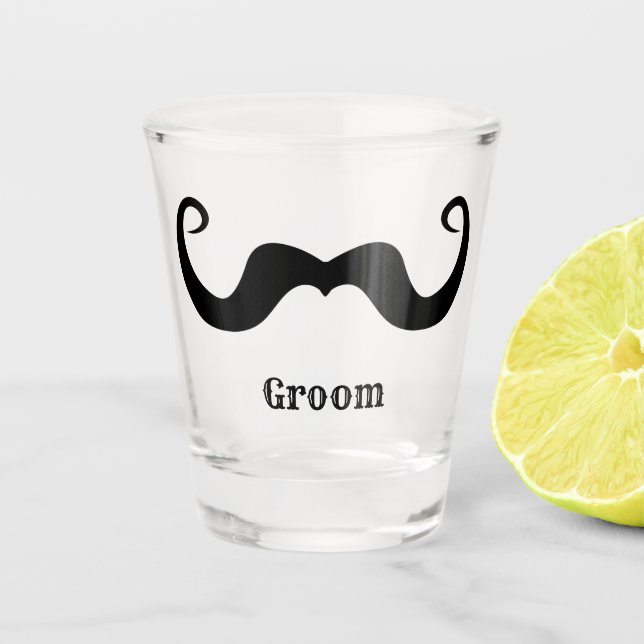 Bachelor party / wedding black curly mustache shot glass (Front)
