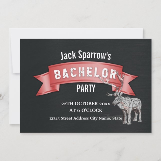 Bachelor Stag Party Red Ribbon Black Metal Texture Invitation (Front)