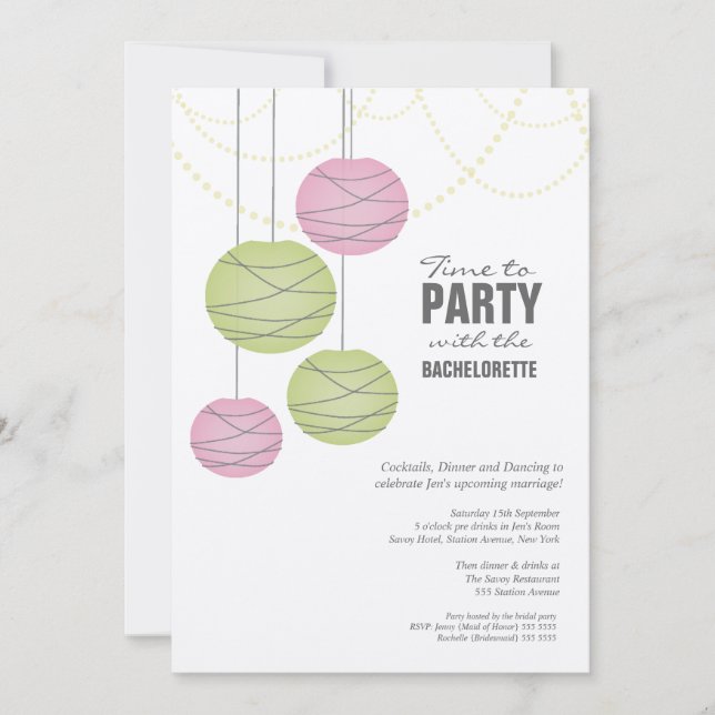 Bachelorette 5x7 Party Pink Green Paper Lanterns Invitation (Front)
