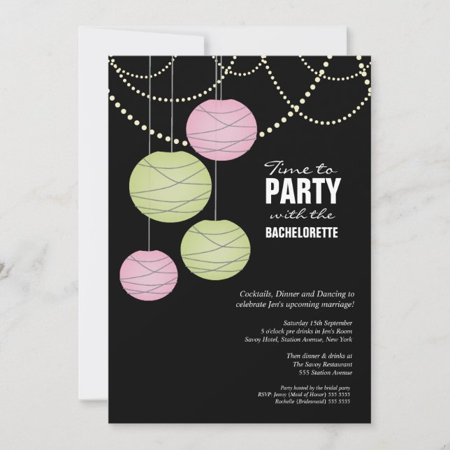 Bachelorette 5x7 Party Pink Green Paper Lanterns Invitation (Front)