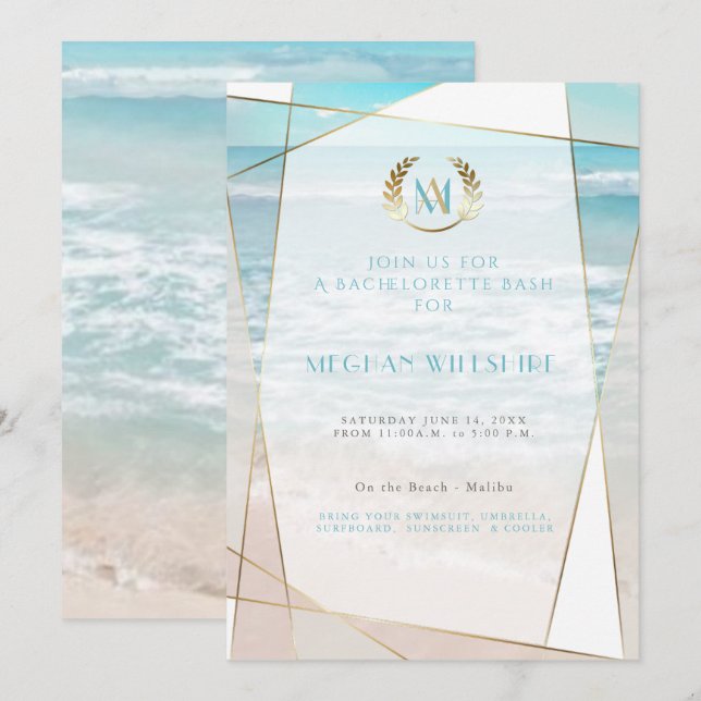 Bachelorette Bash |  Modern Monogram Beach Wedding Invitation (Front/Back)