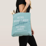 Bachelorette Besties Beaches Booze Editable Text  Tote Bag<br><div class="desc">Custom Beach Tote Bag with fun DIY Girls Trip Quote like "Besties Beaches & Booze" - or type in anything you want - with personalized name, location, occasion, and date or year on a teal blue turquoise and navy design with angled thin stripes and an elegant feminine calligraphy script handwriting...</div>