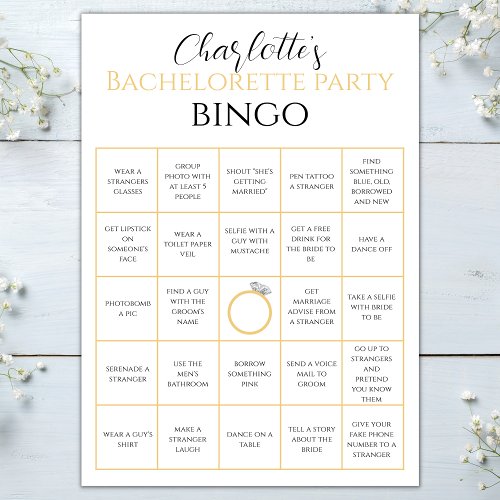 Bachelorette Bingo Gold Hen Party Game Challenge Card