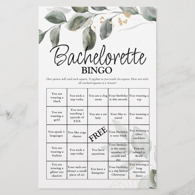 Bachelorette Bingo greenery Bridal Game (Front)