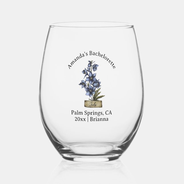 Bachelorette Birth Month Flower July Larkspur Stemless Wine Glass (Back)