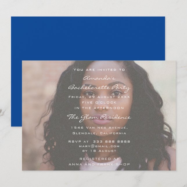 Bachelorette Birthday Party Photo Royal BlueGrunge Invitation (Front/Back)