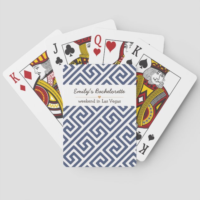 Bachelorette Blue Geometric Pattern Poker Cards (Back)