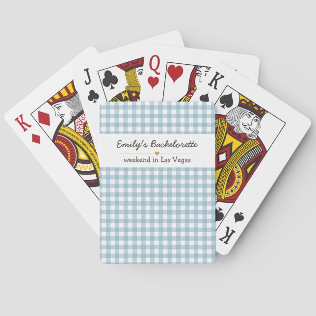 Bachelorette Blue Gingham Pattern Poker Cards (Back)