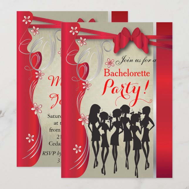 Bachelorette Bridal  Party - Deep Red Invitation (Front/Back)