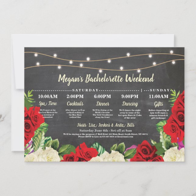 Bachelorette Bridal Shower Itinerary Red Roses Invitation (Front)