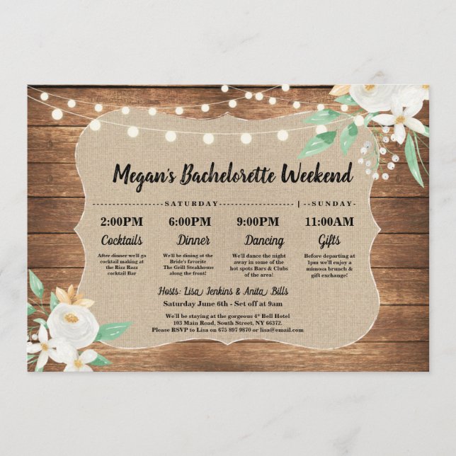 Bachelorette Bridal Shower Itinerary Wood White Program (Front)