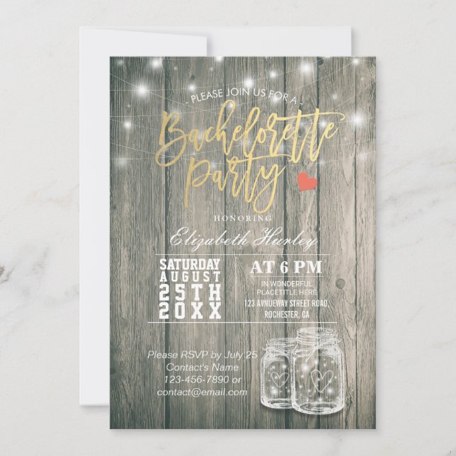 Bachelorette Bridal Shower Rustic Wood Mason Jars Invitation (Front)
