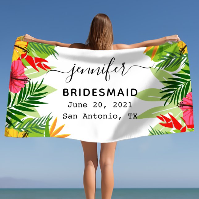 Bachelorette,Bridesmaid gift,wedding, Tropical Beach Towel (Tropical Flowers and Leaves Bridesmaid Beach Towel)
