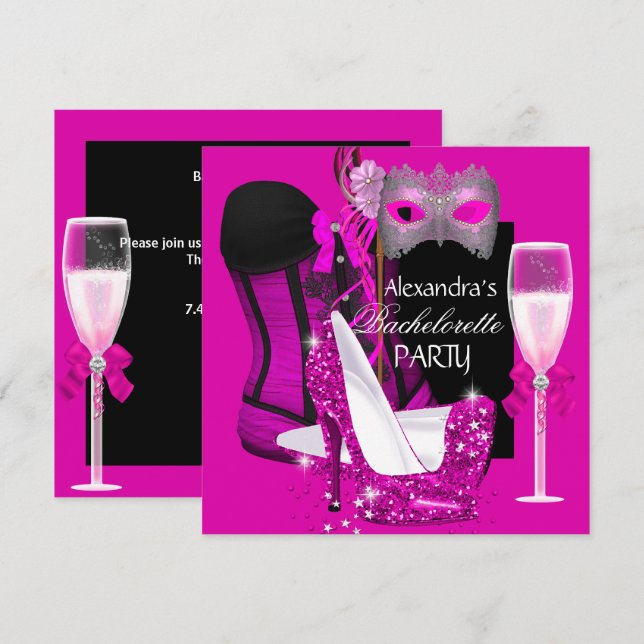 Bachelorette Corset Pink Masquerade Champagne 3 Invitation (Front/Back)