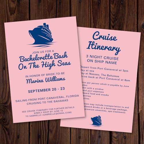 Bachelorette Cruise Ship Navy And Pink Itinerary Invitation
