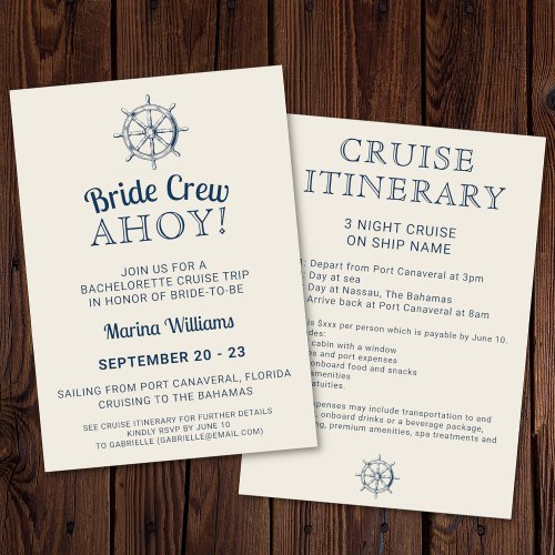 Bachelorette Cruise Trip Bride Crew Ahoy Itinerary Invitation