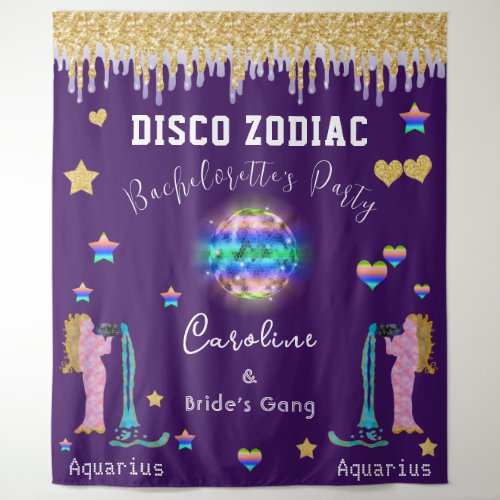 Bachelorette Disco Zodiac Gold Glitter  Aquarius Tapestry