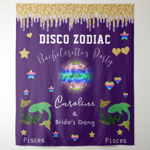 Bachelorette Disco Zodiac Gold Glitter  Pisces Tapestry