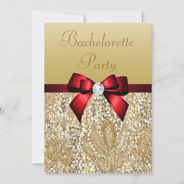 Bachelorette Faux Gold Sequins Royal Red Bow Invitation (Front)