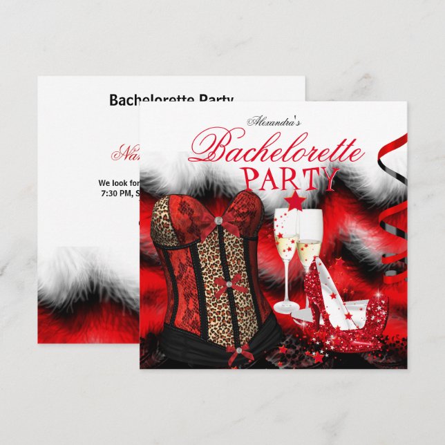 Bachelorette Feather Red Corset Champagne Heels Invitation (Front/Back)