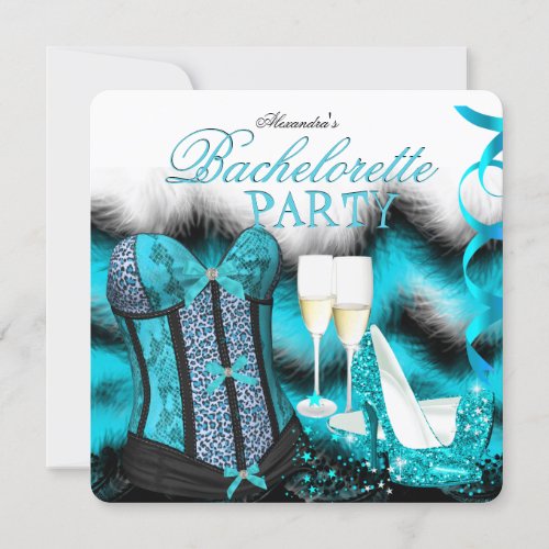 Bachelorette Feather Teal Corset Champagne Heels Invitation