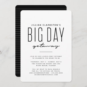 Bachelorette getaway trip black white invitation