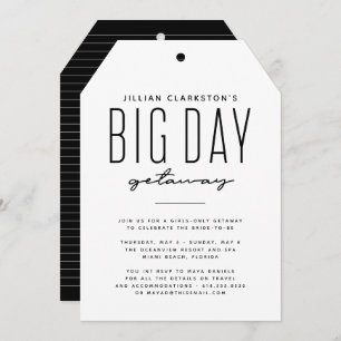 Bachelorette getaway trip black white invitation