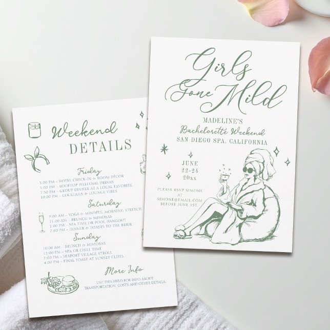 Bachelorette Girls Gone Mild Drawn Script Green Invitation (girls gone mild invitation bachelorette weekend itinerary sage green spa hand drawn script)