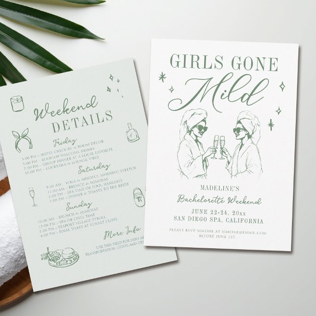 Bachelorette Girls Gone Mild Sage Green Itinerary Invitation (girls gone mild invitation bachelorette weekend itinerary sage green spa hand drawn)