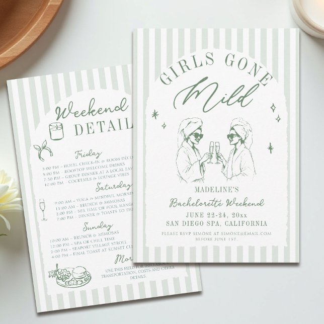 Bachelorette Girls Gone Mild Stripes Arch Sage Invitation (girls gone mild invitation bachelorette weekend itinerary sage green spa arch stripes)