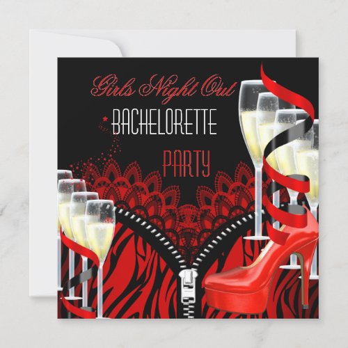 Bachelorette Girls Night Out Red Zebra Champagne Invitations