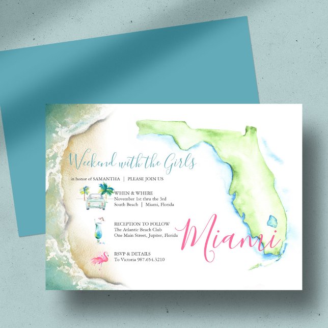 Bachelorette Girls Trip Watercolor Illustrated Invitation (Girl's weekend invitation itinerary Florida unique illustrated watercolor art  Victoria Grigaliunas)