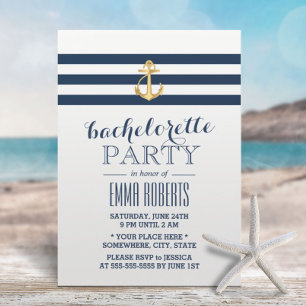 Bachelorette Gold Anchor Navy Stripes Nautical Invitation