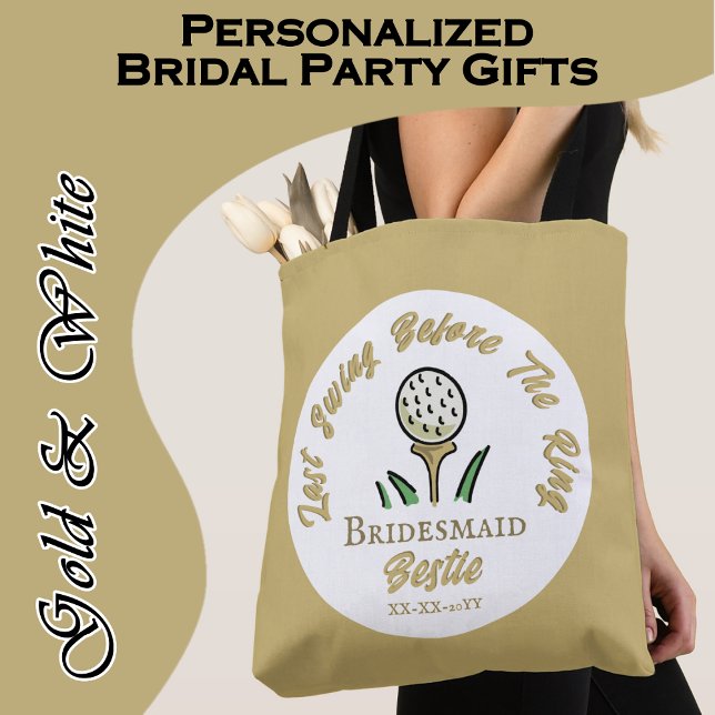 Bachelorette Golf Personalized Bridesmaid Gold  Tote Bag (Super fun personalized bridal party tote bags for wedding weekend golf or a golfing bach party.)