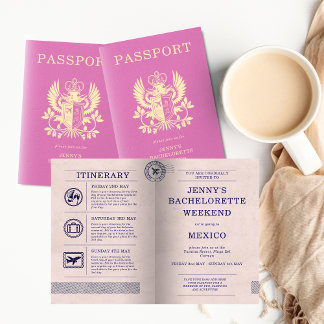 Bachelorette Hen Party Pink Passport Itinerary Invitation