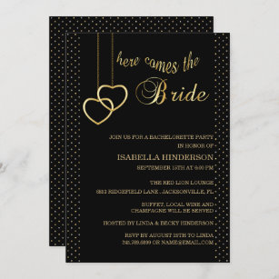 Bachelorette - Here Comes the Bride - Black & Gold Invitation