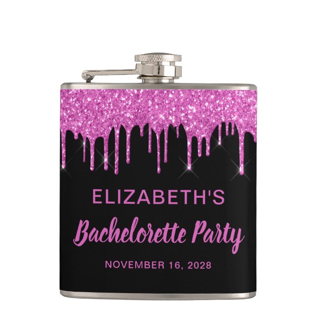 Bachelorette Hot Pink Glitter Personalized Black Flask (Front)