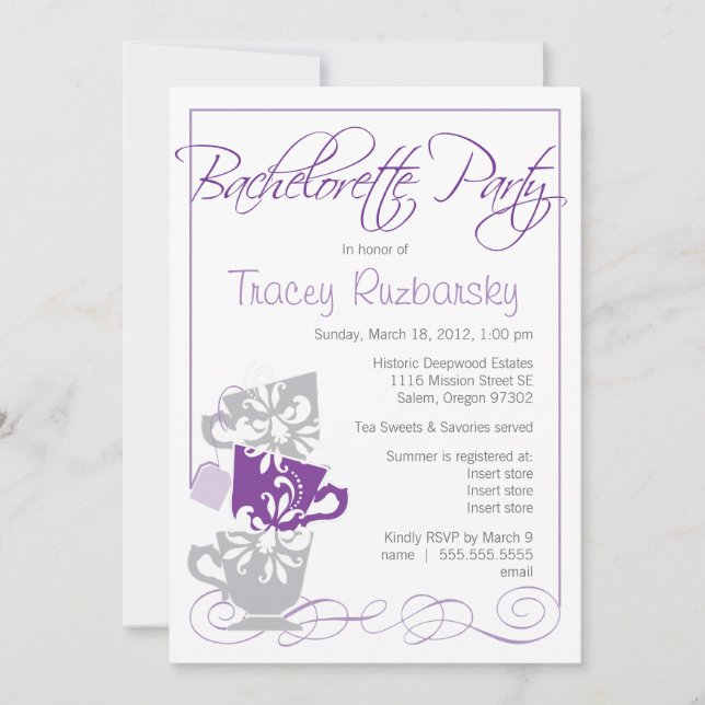 Bachelorette Invitation - Tea  |  Purple and Gray (Front)