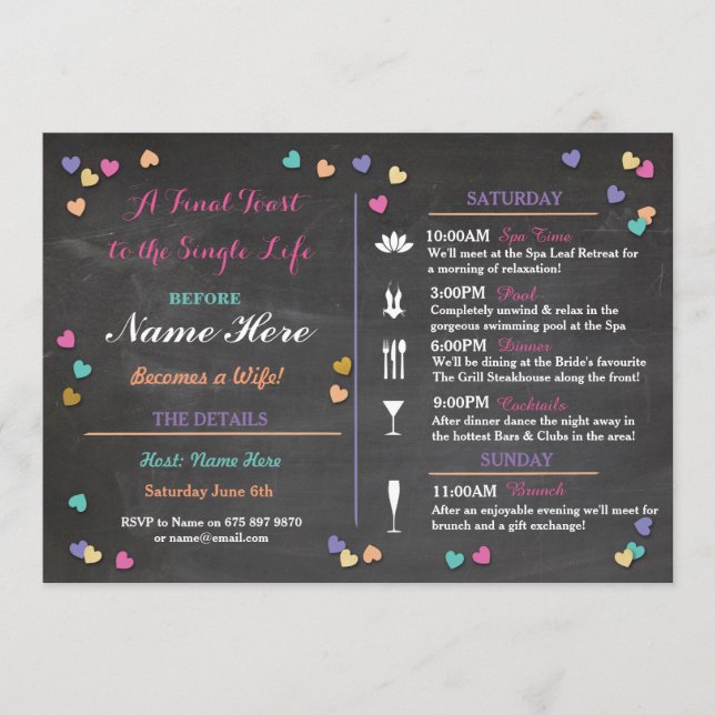 Bachelorette Itinerary Weekend Bridal Shower Spa Program (Front)