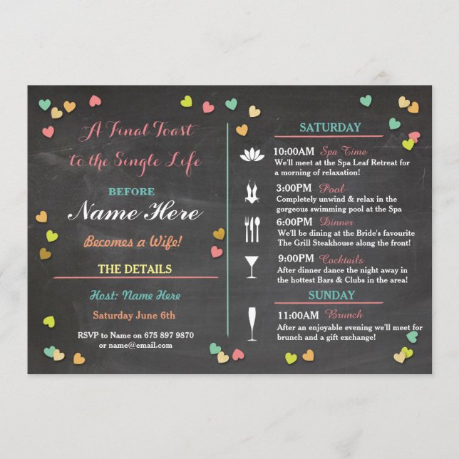 Bachelorette Itinerary Weekend Hen Bridal Shower Program (Front)