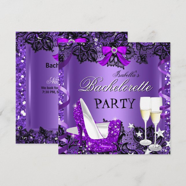 Bachelorette Lace Purple High Heel Champagne 3 Invitation (Front/Back)