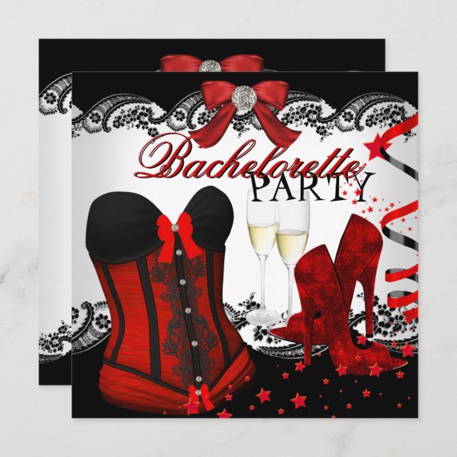 Bachelorette Lace Red Corset Champagne Invitation (Front/Back)
