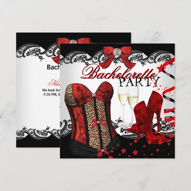 Bachelorette Lace Red Corset Champagne Invitation (Front/Back)