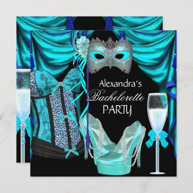 Bachelorette Leopard Blue Masquerade Champagne Invitation (Front/Back)