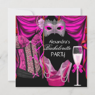 Bachelorette Leopard Pink Masquerade Champagne Invitation