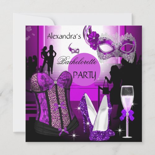 Bachelorette Leopard Purple Corset Champagne Invitation