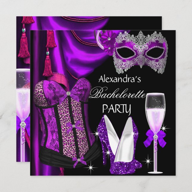 Bachelorette Leopard Purple Masked Champagne Invitation (Front/Back)