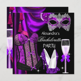 Bachelorette Leopard Purple Masked Champagne Invitation
