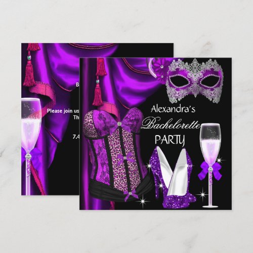 Bachelorette Leopard Purple Masked Champagne Custom Invitations