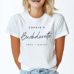 Bachelorette | Minimalist Script Modern Bridesmaid T-Shirt<br><div class="desc">This Bachelorette Party custom design features a handwritten script typography. You can easily personalize the bride-to-be's name,  year,  bridemaid's name or your own custom message! The perfect elegant accessory for a bachelorette party or bachelorette weekend!</div>